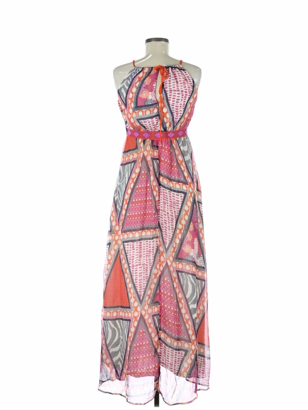Sleeveless Pink Orange Geo-Print Halter Maxi Dress